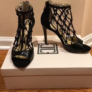 Worn once- Black cage snakeskin stiletto sandal